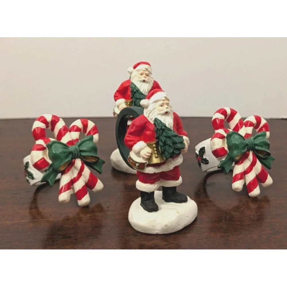Vintage Santa Christmas Napkin Rings Set 4 Candy Cane Tree Holiday Table Decor